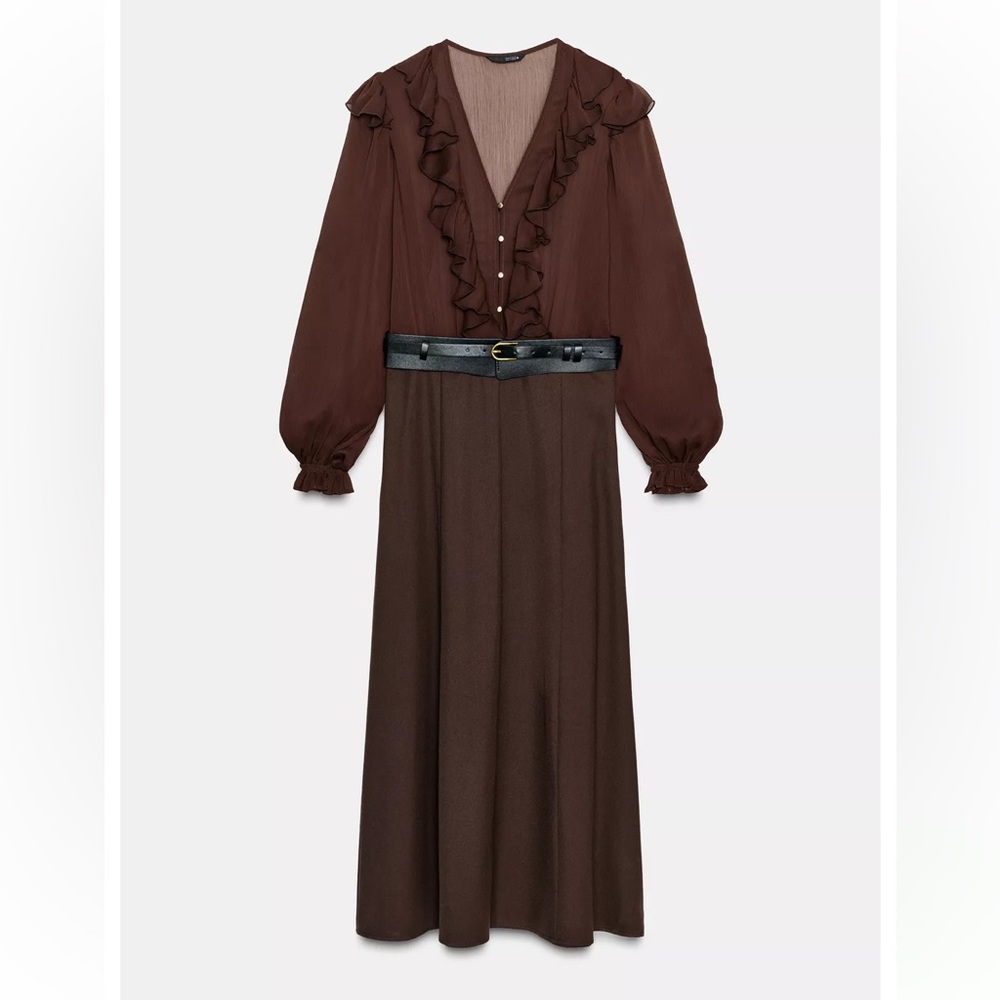Brown Midi Dress with Ruffle Details Zara